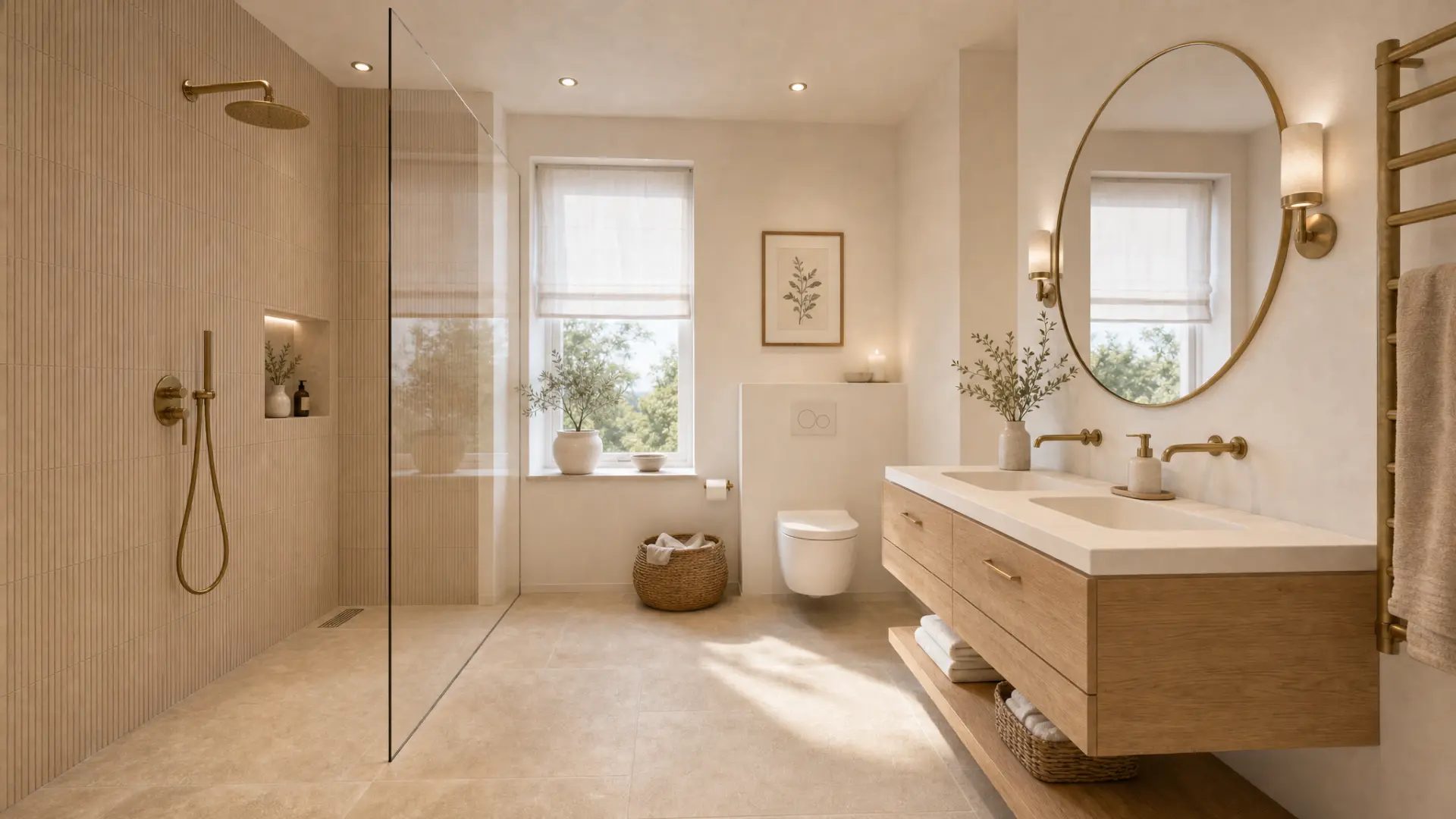 Großes Badezimmer mit Regendusche und Doppelwaschtisch