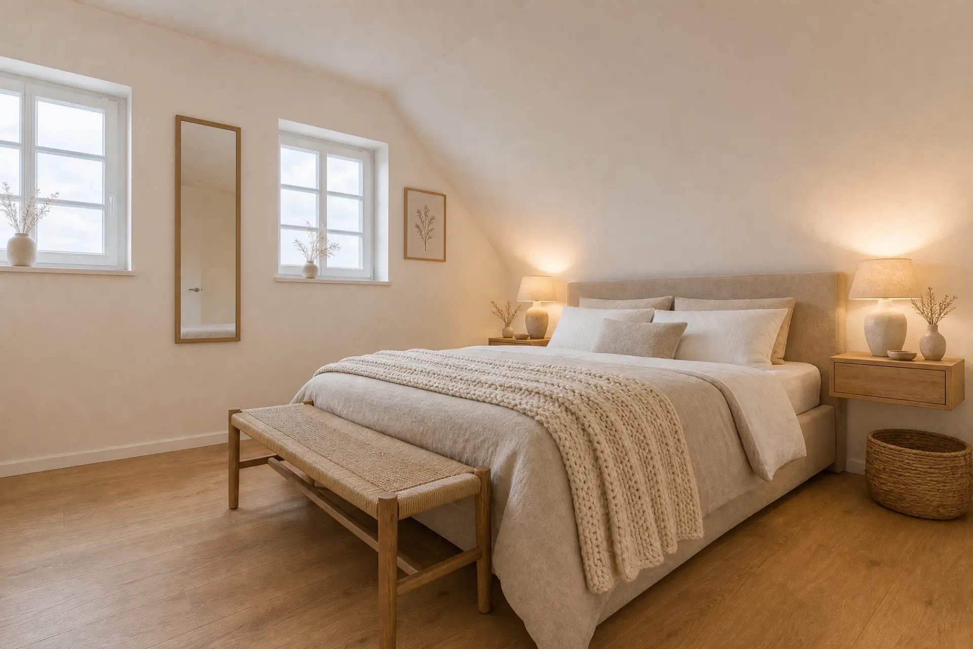 Schlafzimmer in ruhigen Naturtönen mit Doppelbett