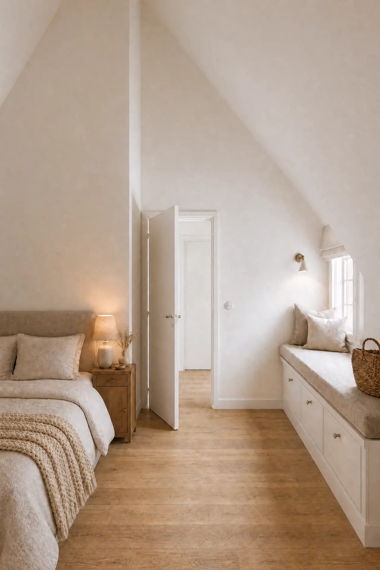 Dachzimmer mit Fensterbank und Einbauschränken